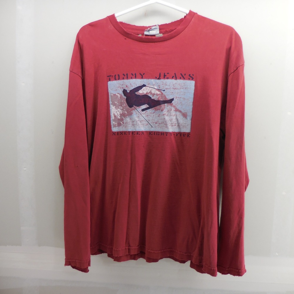 Vintage Tommy Jeans Skier Graphic Long Sleeve T-Shirt Red Distressed Large